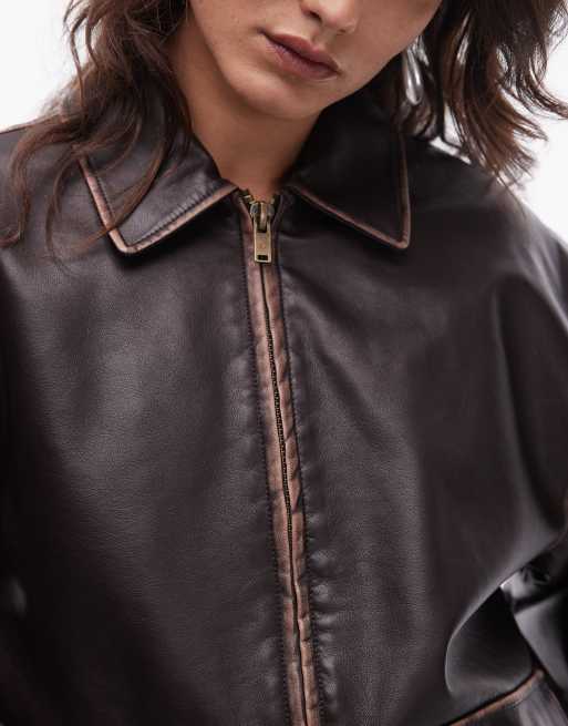 Mango faux leather zip front jacket in vintage brown | ASOS