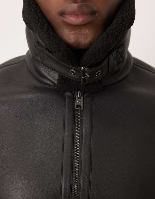 Mango faux sheerling jacket in matt black, 5 of 5
