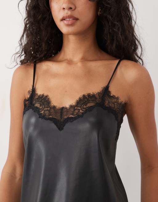 Mango faux soft leather cami mini dress with lace trim in black , 3 of 4