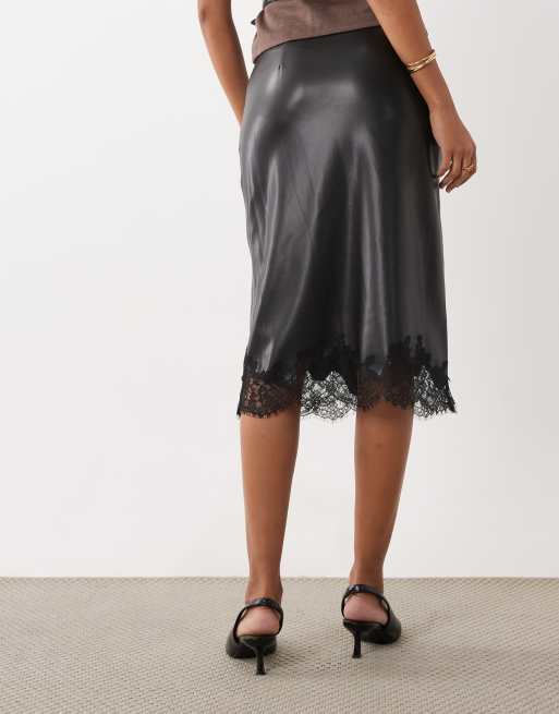 Mango faux soft leather midi skirt with lace trim in black, 3 of 5