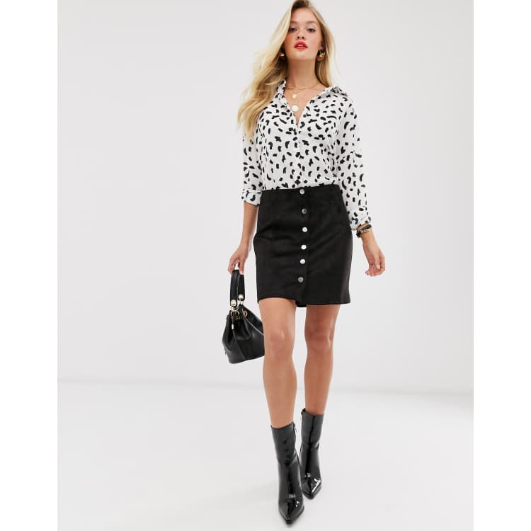 Mango faux suede button front mini skirt in black ASOS