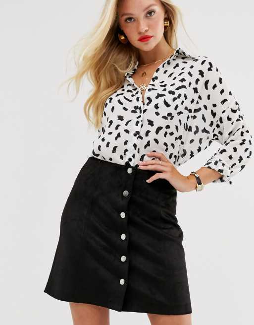 Mango faux suede button front mini skirt in black