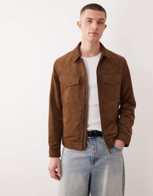 Mango Faux Suede Zip Up Jacket In Brown