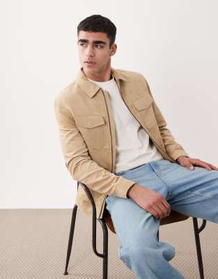 Mango Faux Suede Zip Up Jacket In Neutral