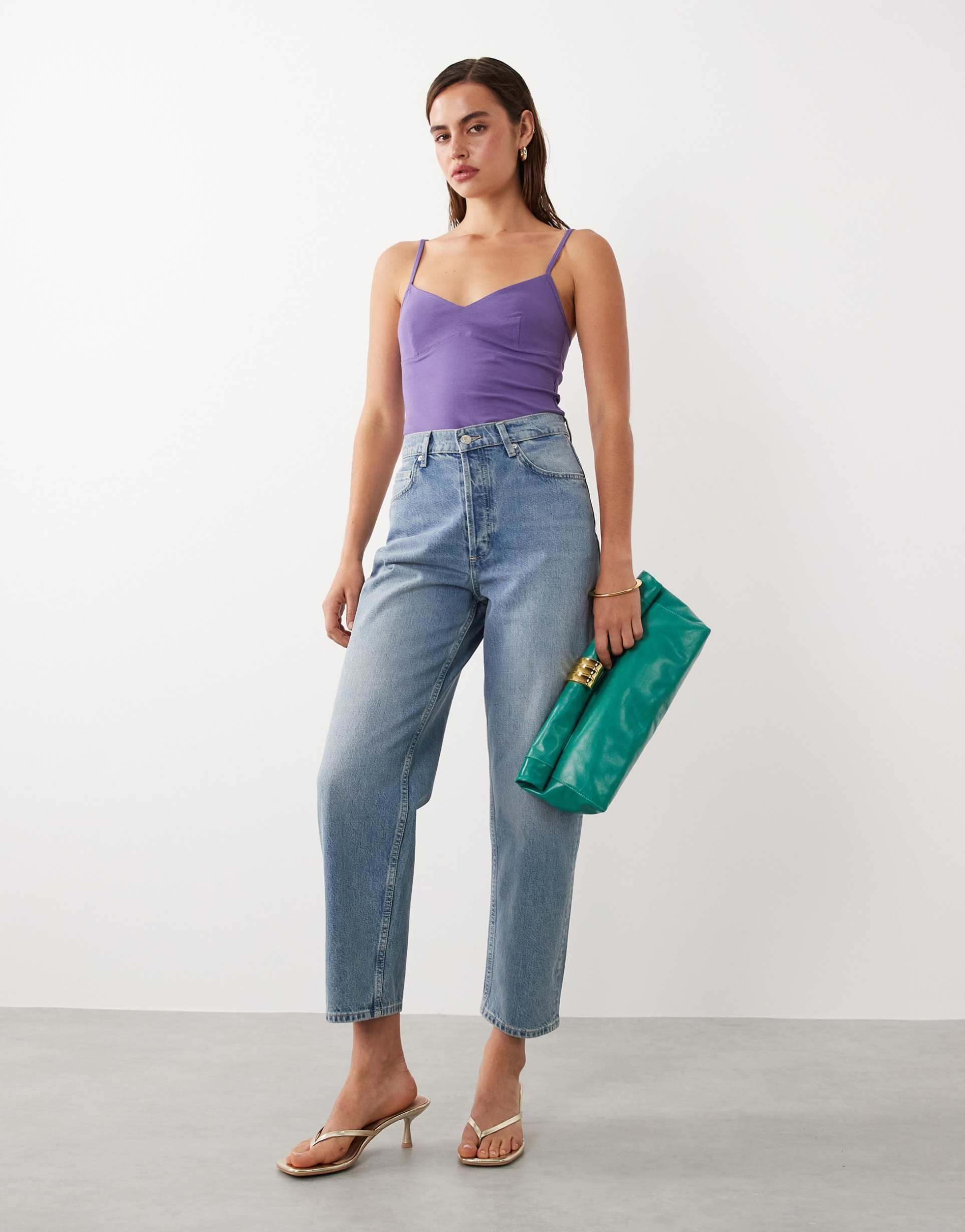 mango featuring hailey bieber 100% cotton barrel leg jeans in mid blue