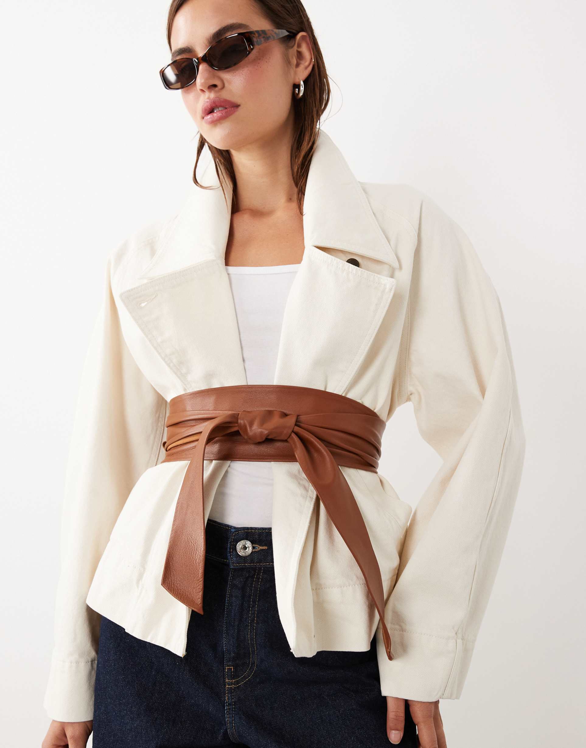 mango featuring hailey bieber 100% leather oversized tie waist belt in brown