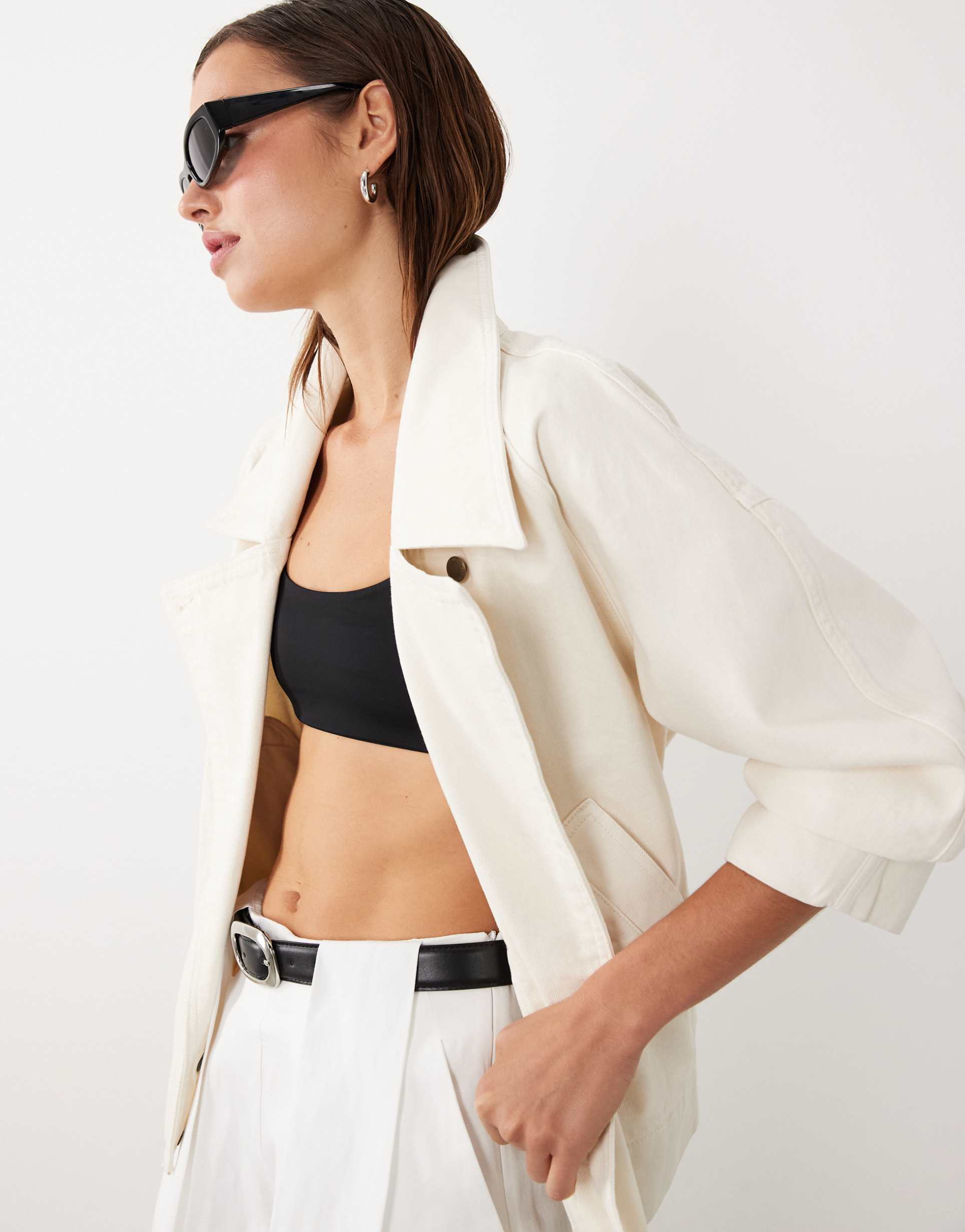 mango featuring hailey bieber cropped trenchcoat in cream