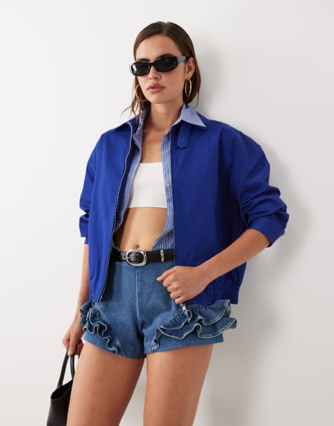 Mango featuring Hailey Bieber funnel neck zip bomber jacket in electric blue - view 1