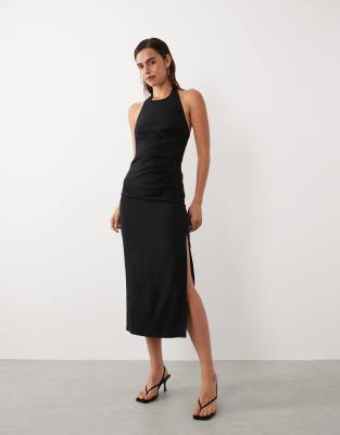 Mango Featuring Hailey Bieber Halterneck Maxi Dress With Side Slit In Black