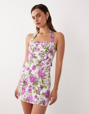 Mango featuring Hailey Bieber halterneck mini dress in pink floral print