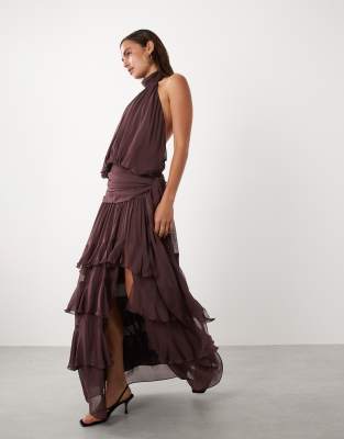 Mango featuring Hailey Bieber high neck backless ruffle maxi dress in brown