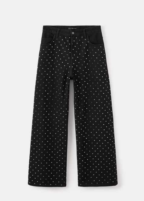Mango featuring Kaia Gerber 100% cotton baggy jean with studs in black - view 1