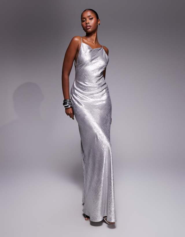 kaia gerber grey dress Mango featuring backless cami maxi in silver EOY
