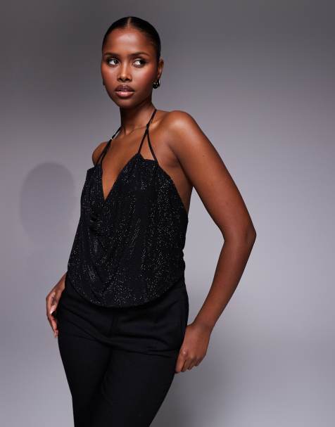 Mango featuring Kaia Gerber backless embellished draped top in black