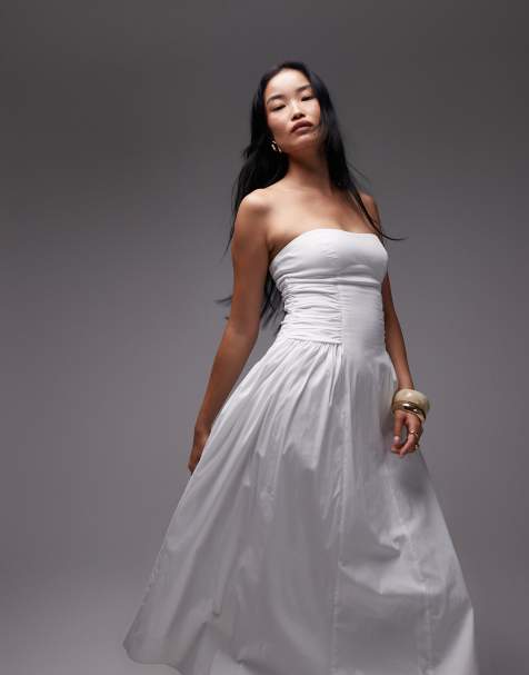 Mango featuring Kaia Gerber bandeau ruched bodice cotton maxi dress in white - view 1
