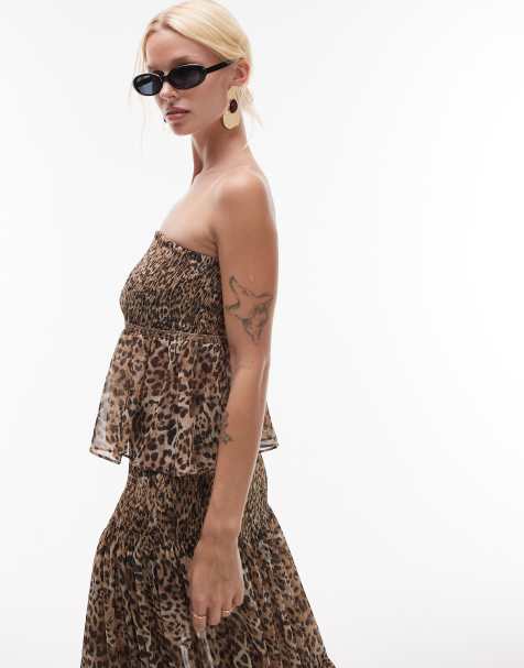 Mango Featuring Kaia Gerber - Bandeau-top med flæser og leopardprint - Del af sæt - view 1