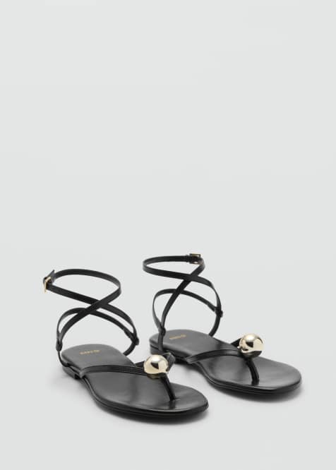 Mango featuring Kaia Gerber flat leather sandal with cross strap in black - view 1