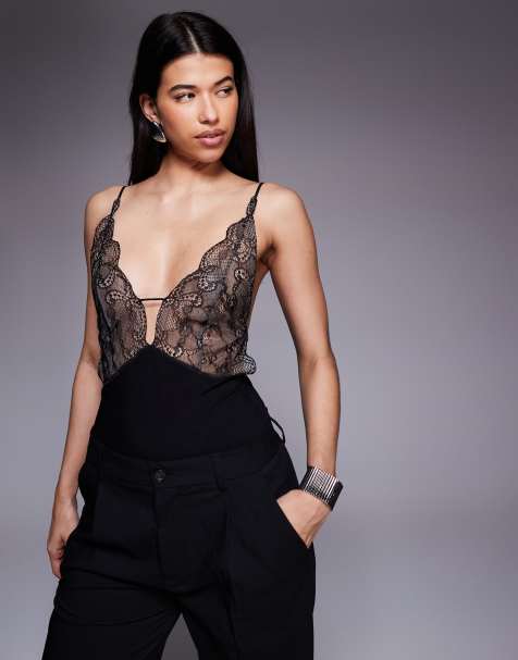 Mango featuring Kaia Gerber lace backless cami top in black - view 1