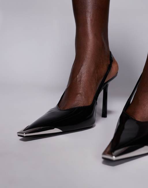 Mango featuring Kaia Gerber leather pointed toe slingback heels with hardware detailing in black, 4 of 4