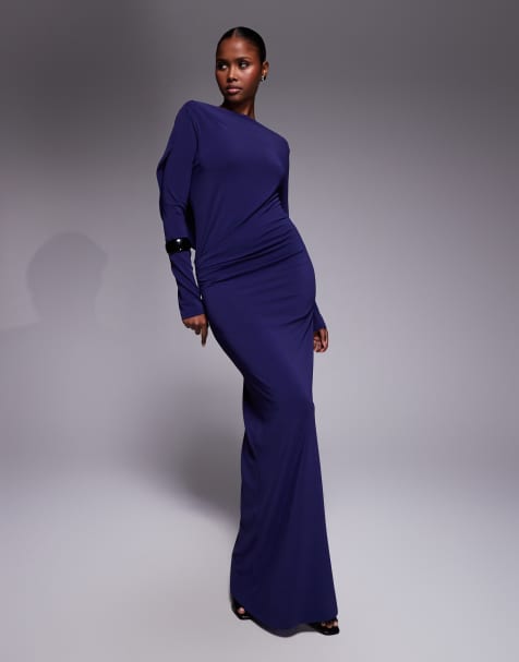 Mango - Featuring Kaia Gerber - Maxi-jurk met lange mouwen en gedrapeerde achterkant in marineblauw - view 1