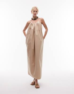 Mango featuring Kaia Gerber - Hochwertiges Baumwoll-Midikleid in Steinbeige mit Neckholder-Neutral