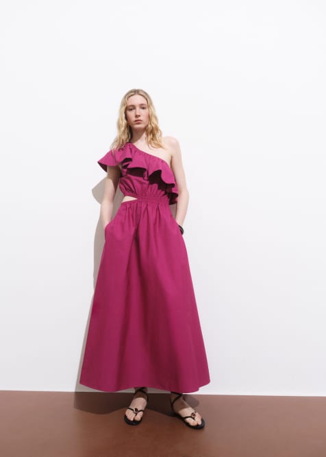Mango featuring Kaia Gerber one shoulder cut out ruffle maxi dress in bright pink - view 1