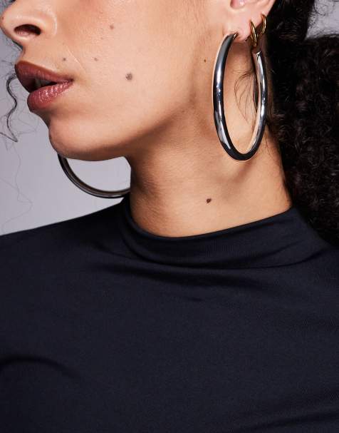 Mango featuring Kaia Gerber oversized hoop earrings in silver - view 1