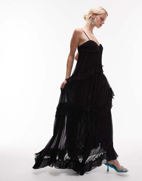 Mango featuring Kaia Gerber premium bandeau ruffle tiered detail maxi dress in black - view 1