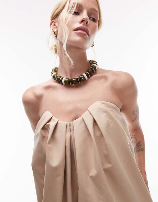 Mango featuring Kaia Gerber premium cotton halterneck midi dress in stone, 3 of 4
