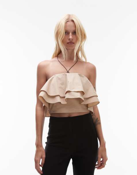 Mango featuring Kaia Gerber premium cotton ruffle bardot top co-ord in stone - view 1