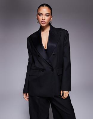 Mango Featuring Kaia Gerber Premium Double Breasted Tailored Blazer Co-ord In Black