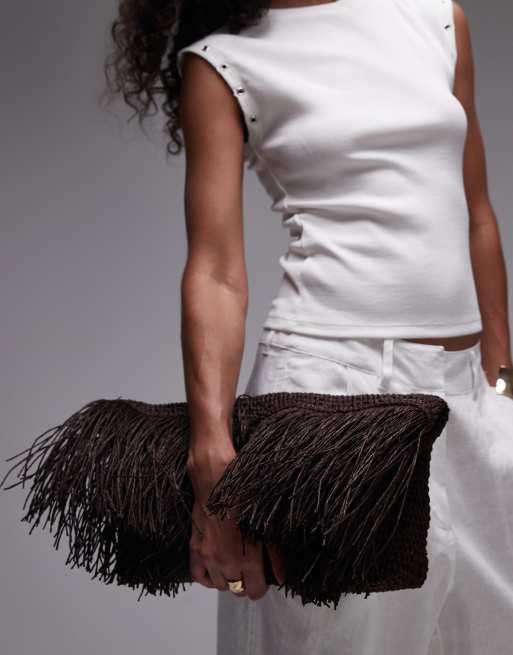 Mango featuring Kaia Gerber raffia clutch bag in dark brown