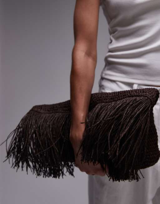 Mango featuring Kaia Gerber raffia clutch bag in dark brown