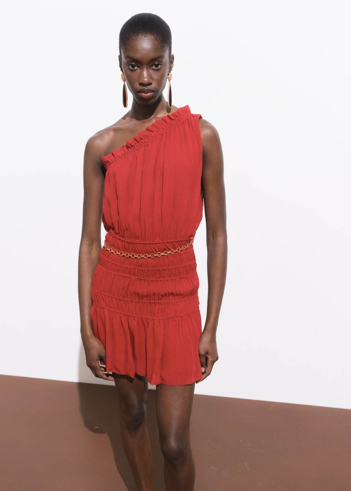 Mango featuring Kaia Gerber ruched one shoulder dress with gold chain belt in dark red