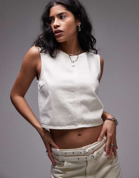 Mango featuring Kaia Gerber seam detail woven tank top with tie back detail in ivory - part of a set - view 1