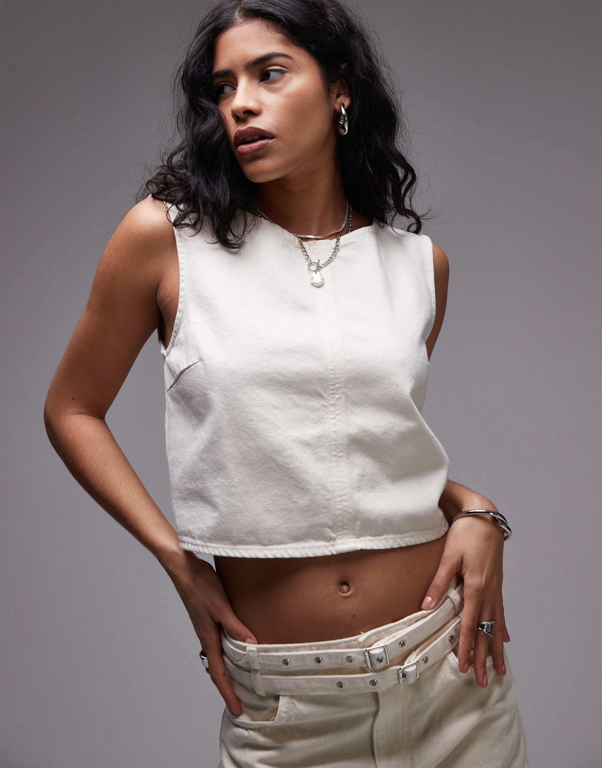 mango featuring kaia gerber seam detail woven tank top with tie back detail in ivory - part of a set