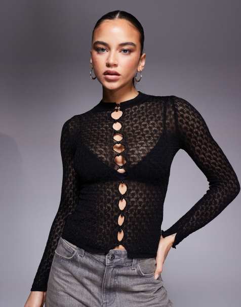 Mango featuring Kaia Gerber sheer cut out long sleeve top with gold buttons in black