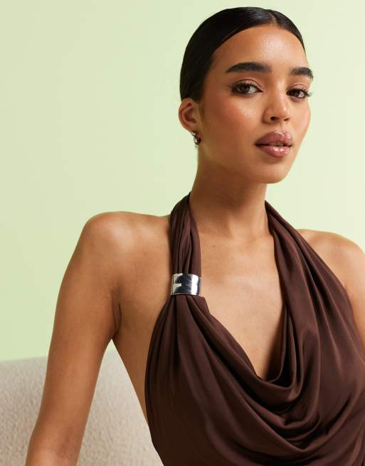 Mango featuring Kaia Gerber slinky backless halter top with metal detail in chocolate 