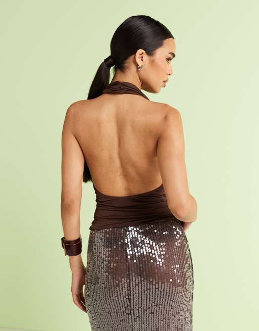 Mango featuring Kaia Gerber slinky backless halter top with metal detail in chocolate 