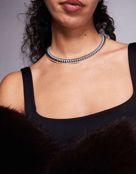 Mango featuring Kaia Gerber textured choker in silver tone - view 1