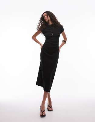 Mango - Fein geripptes Midikleid in Schwarz mit Kappärmeln