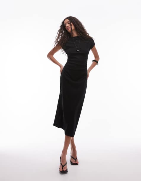 Mango – Fein geripptes Midikleid in Schwarz mit Kappärmeln - view 1