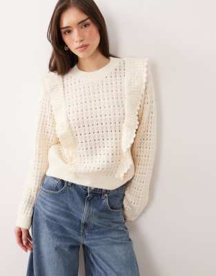 Mango - Feinstrick-Oberteil in Cremeweiß mit Rüschendetail