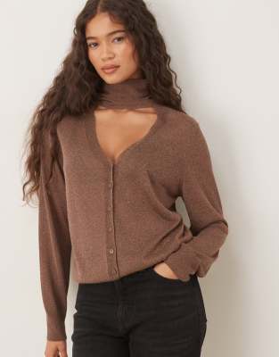 Mango - Feinstrickjacke in Braun mit Bindedetail am Ausschnitt-Brown