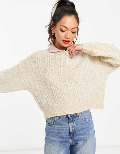 Mango – Feinstrickpullover mit Zopfmuster und Polodesign in Salbeigrün und Beige gestreift