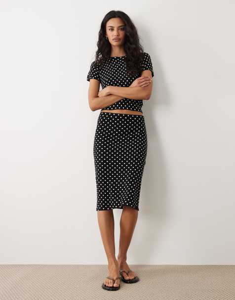 Mango - Feria - Compact gebreide midirok in zwart met witte stippen, deel van co-ord set - view 1