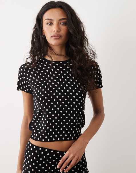 Mango Feria compact knit short sleeve top co-ord in black and white polka dot - view 1