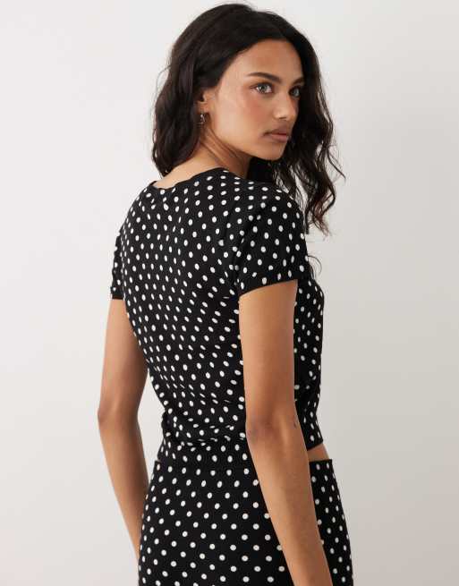 Mango Feria compact knit short sleeve top co-ord in black and white polka dot, 2 of 4