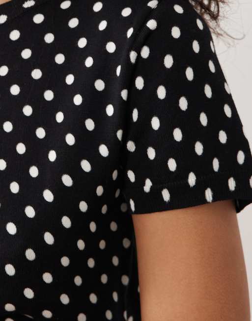 Mango Feria compact knit short sleeve top co-ord in black and white polka dot, 4 of 4