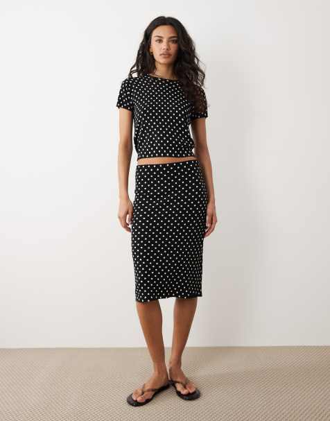 Mango Feria compact knit short sleeve top & skirt set in black and white polka dot - view 1